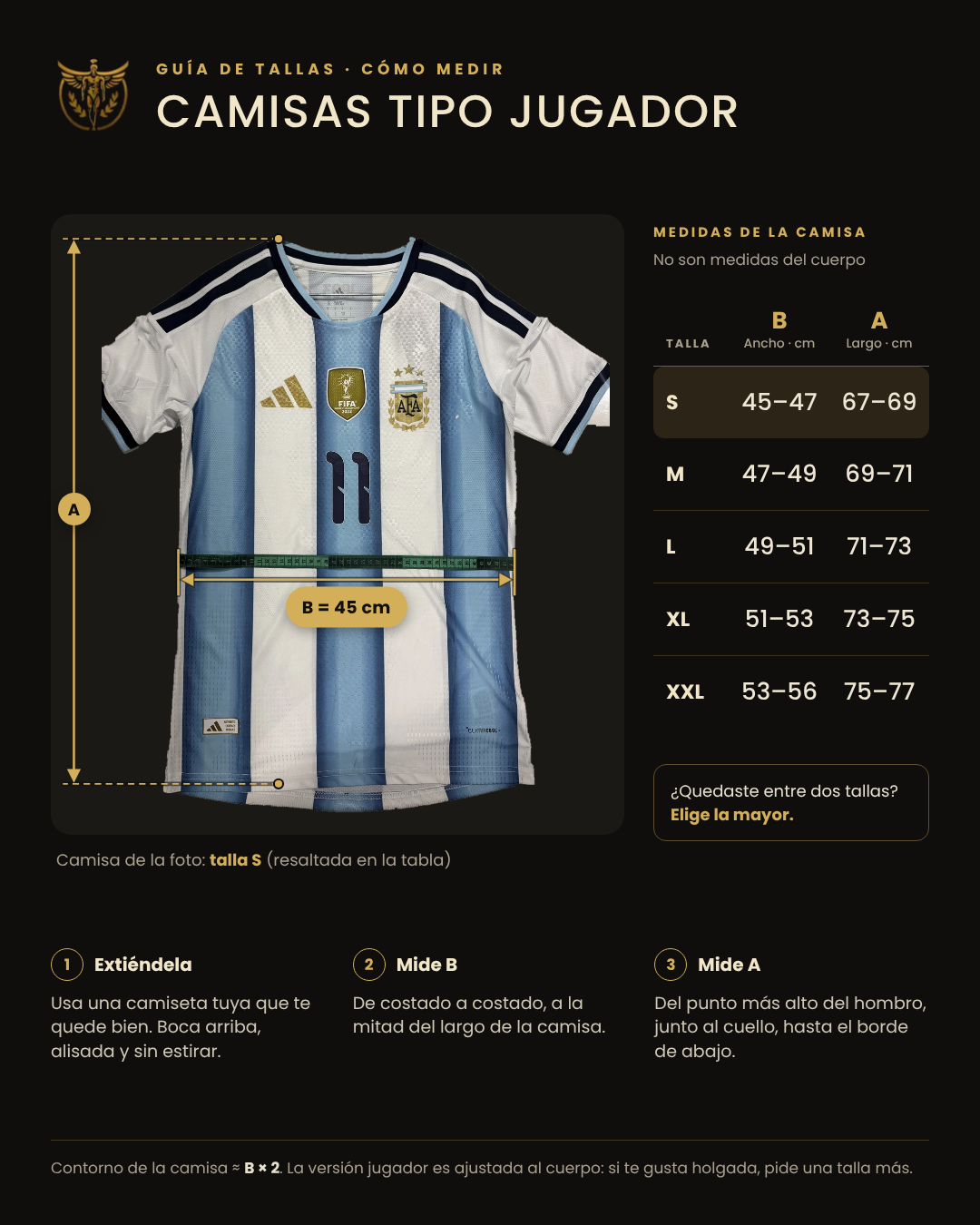 Guía de tallas camisas tipo jugador: ancho y largo en centímetros para tallas S, M, L, XL y XXL